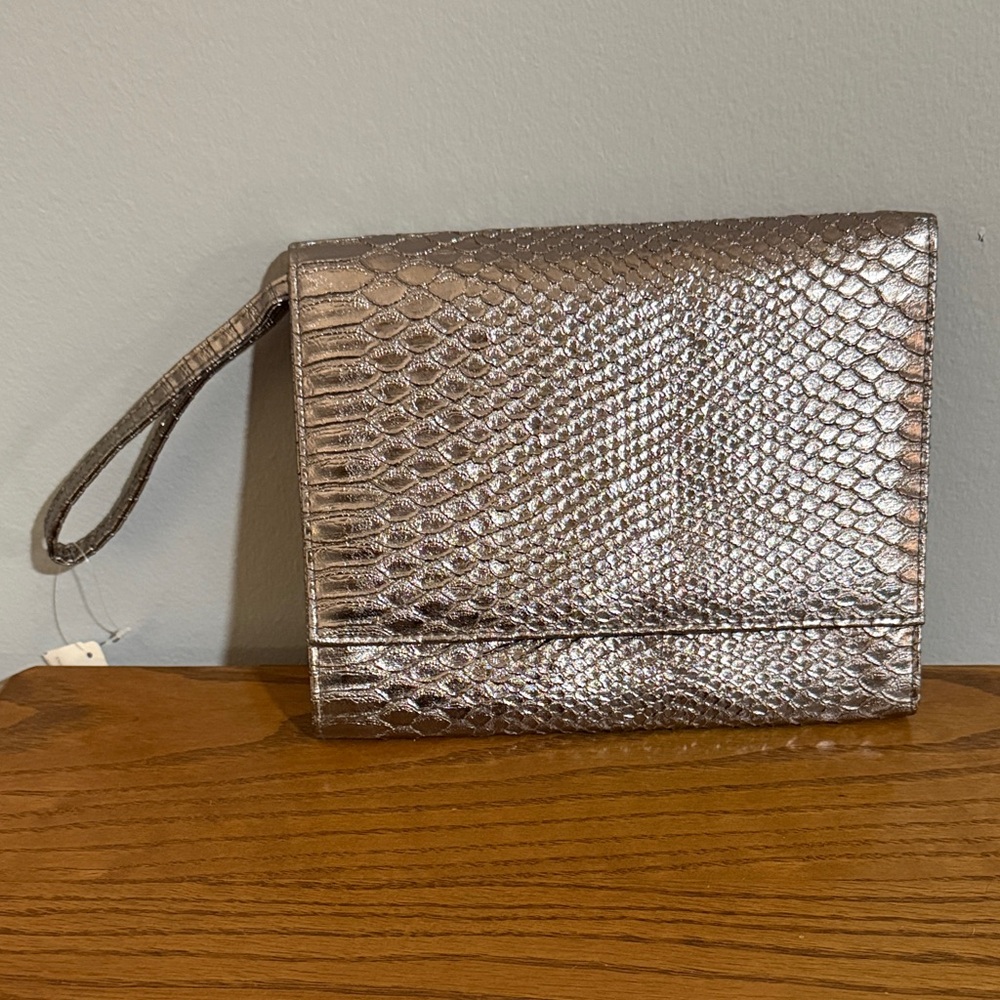 Croc Embossed Silver Clutch Bag